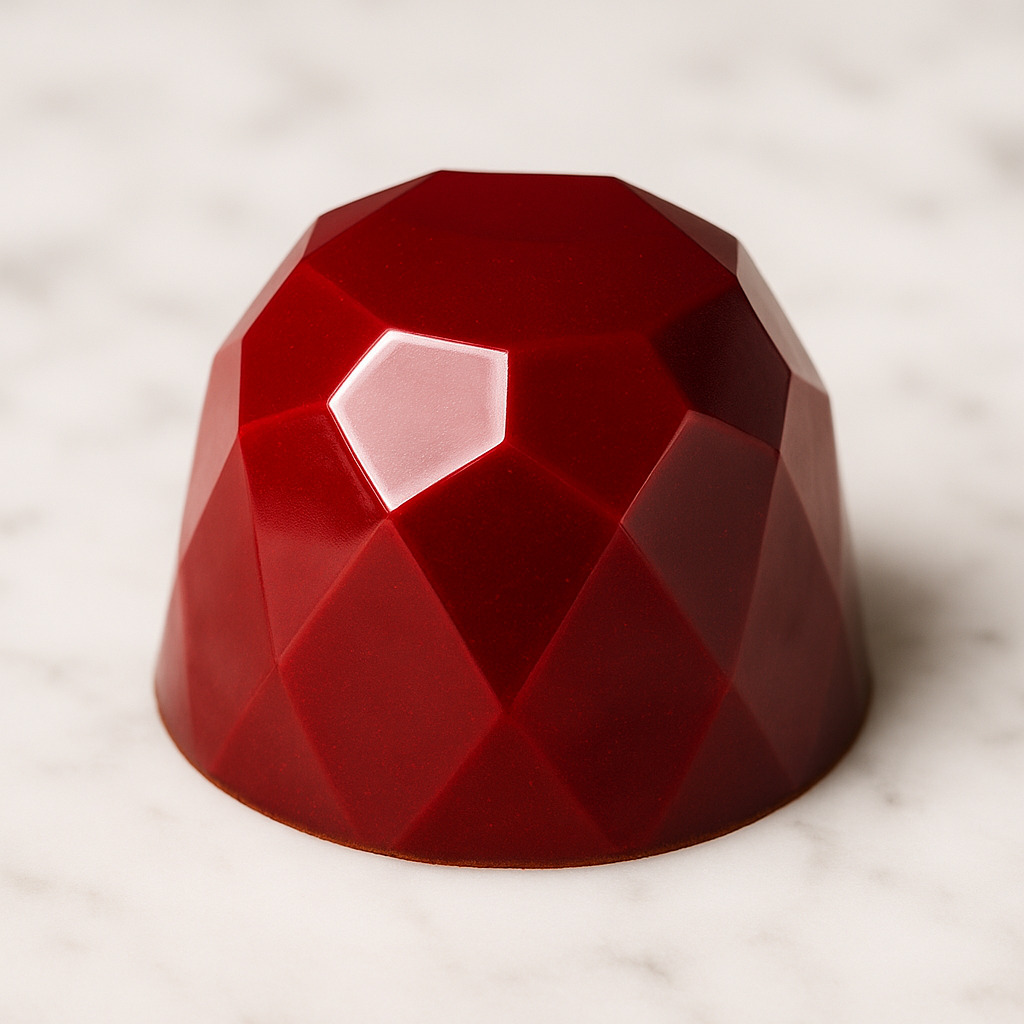 Bombón Corazón de Rubí con frutos rojos y praliné de maní